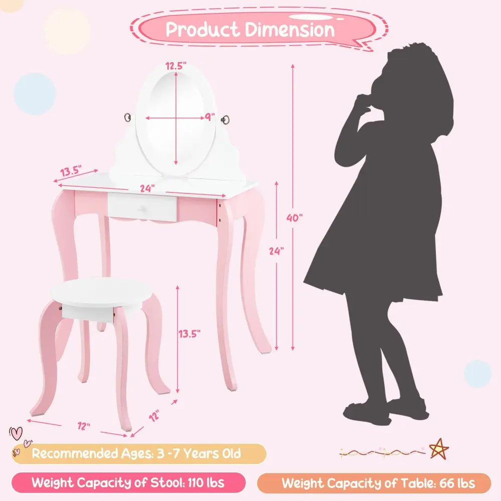 Pretend Kids Vanity Set with 360° Rotatable Mirror and Play Accessories - Pink - Kids Vanities