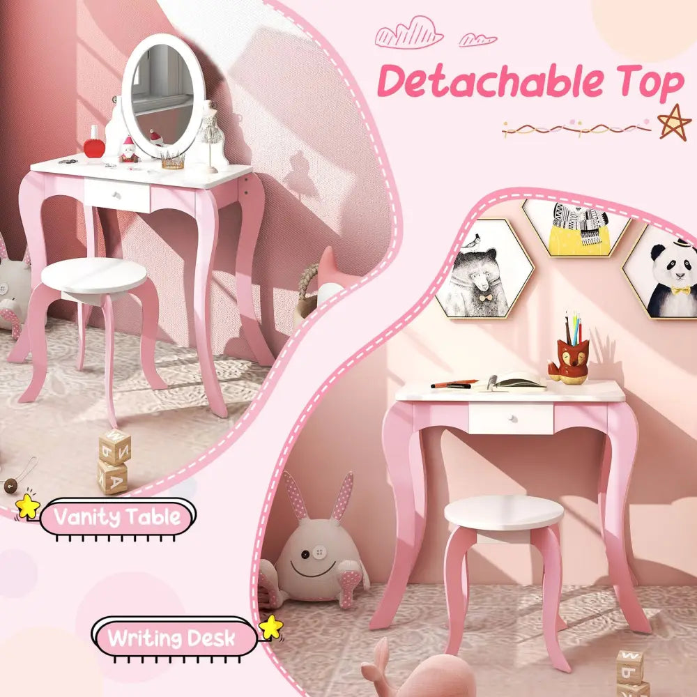 Pretend Kids Vanity Set with 360° Rotatable Mirror and Play Accessories - Pink - Kids Vanities