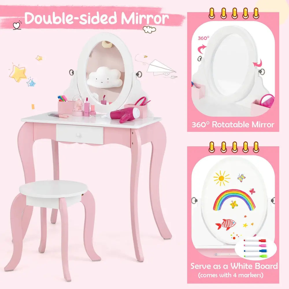 Pretend Kids Vanity Set with 360° Rotatable Mirror and Play Accessories - Pink - Kids Vanities