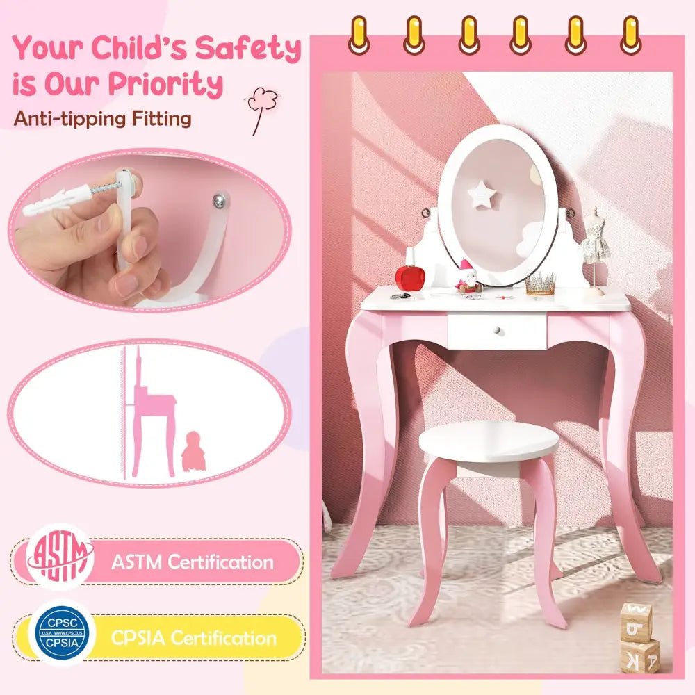Pretend Kids Vanity Set with 360° Rotatable Mirror and Play Accessories - Pink - Kids Vanities