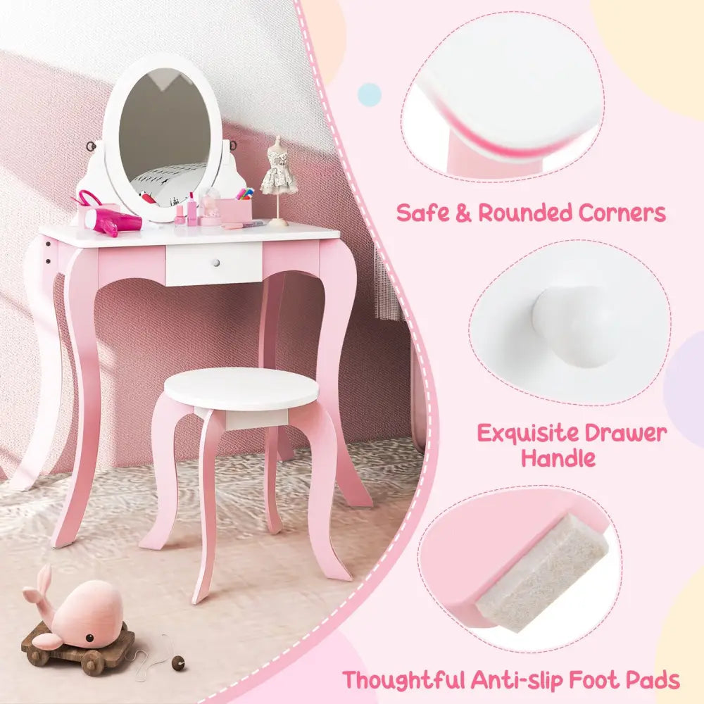 Pretend Kids Vanity Set with 360° Rotatable Mirror and Play Accessories - Pink - Kids Vanities