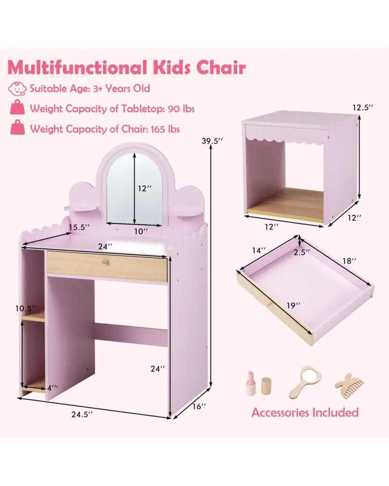 Pretend Makeup Dressing Table Set with 2 Small Shelves and Compartments-Pink - Pink - Kids Vanities