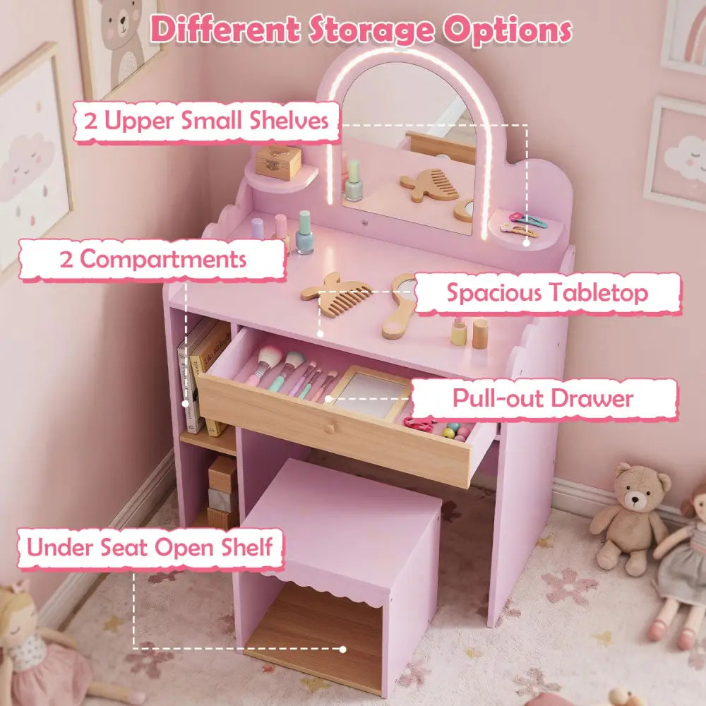 Pretend Makeup Dressing Table Set with 2 Small Shelves and Compartments-Pink - Pink - Kids Vanities