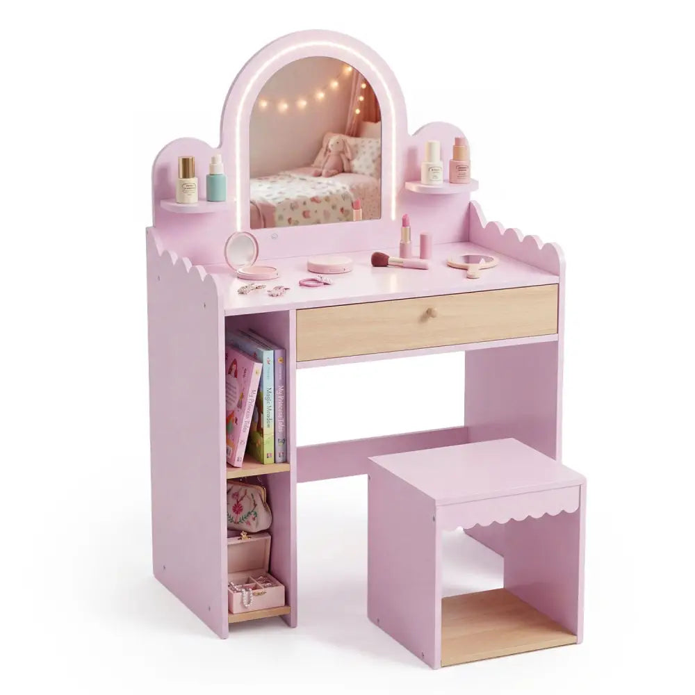 Pretend Makeup Dressing Table Set with 2 Small Shelves and Compartments-Pink - Pink - Kids Vanities