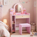 Pretend Makeup Dressing Table Set with 2 Small Shelves and Compartments-Pink - Pink - Kids Vanities