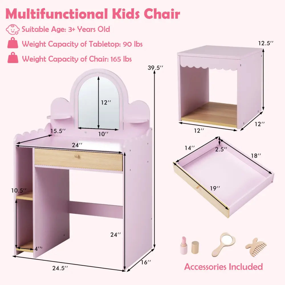 Pretend Makeup Dressing Table Set with 2 Small Shelves and Compartments-Pink - Pink - Kids Vanities