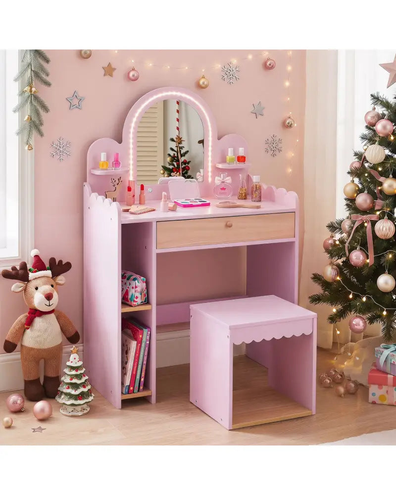 Pretend Makeup Dressing Table Set with 2 Small Shelves and Compartments-Pink - Pink - Kids Vanities