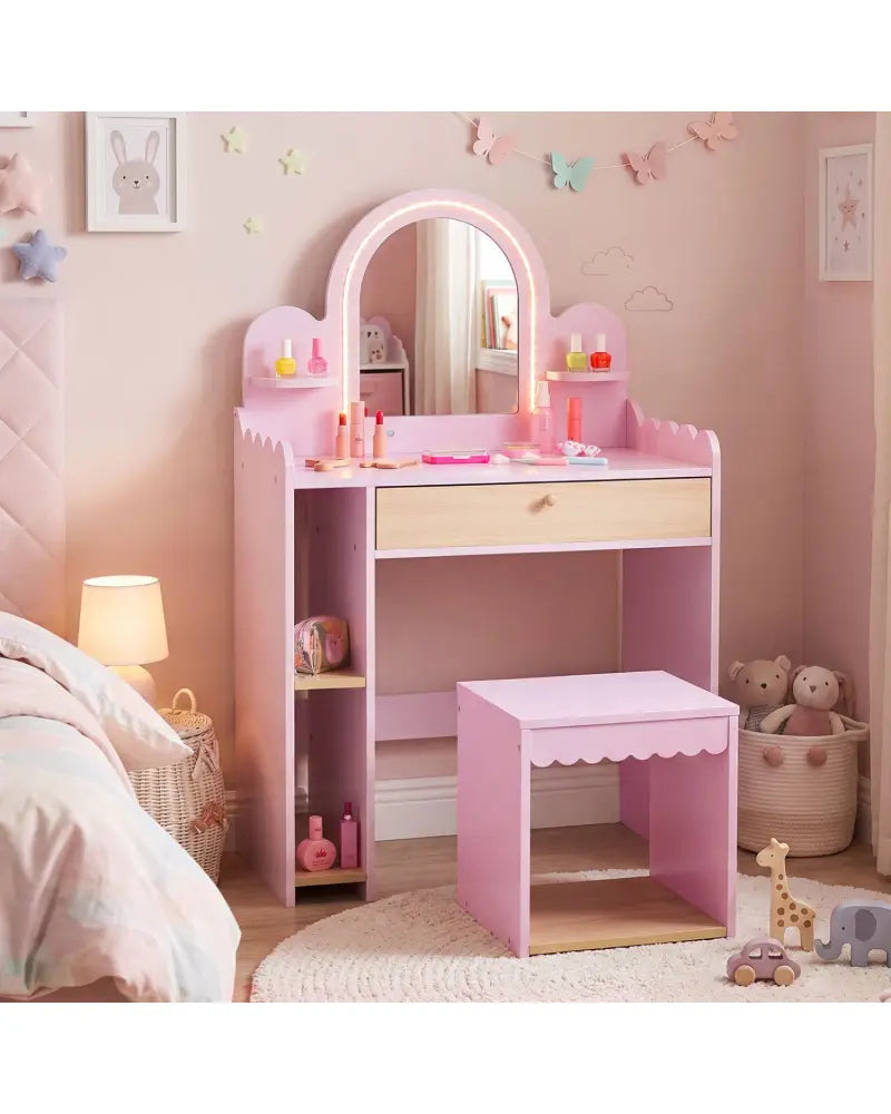 Pretend Makeup Dressing Table Set with 2 Small Shelves and Compartments-Pink - Pink - Kids Vanities