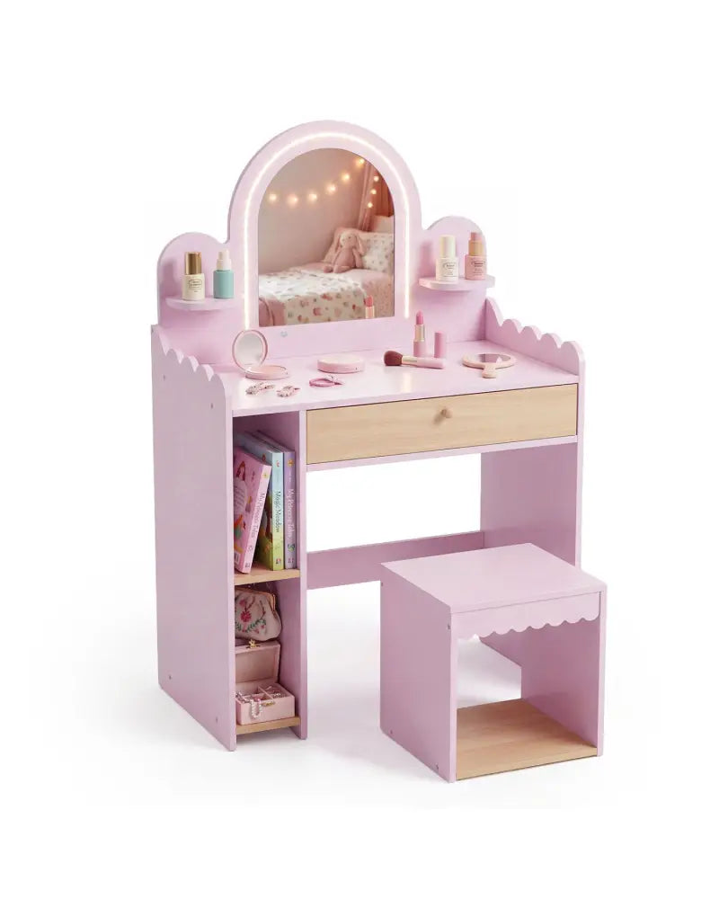 Pretend Makeup Dressing Table Set with 2 Small Shelves and Compartments-Pink - Pink - Kids Vanities