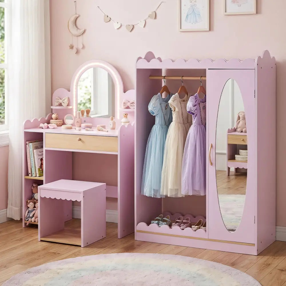 Pretend Makeup Dressing Table Set with 2 Small Shelves and Compartments-Pink - Pink - Kids Vanities