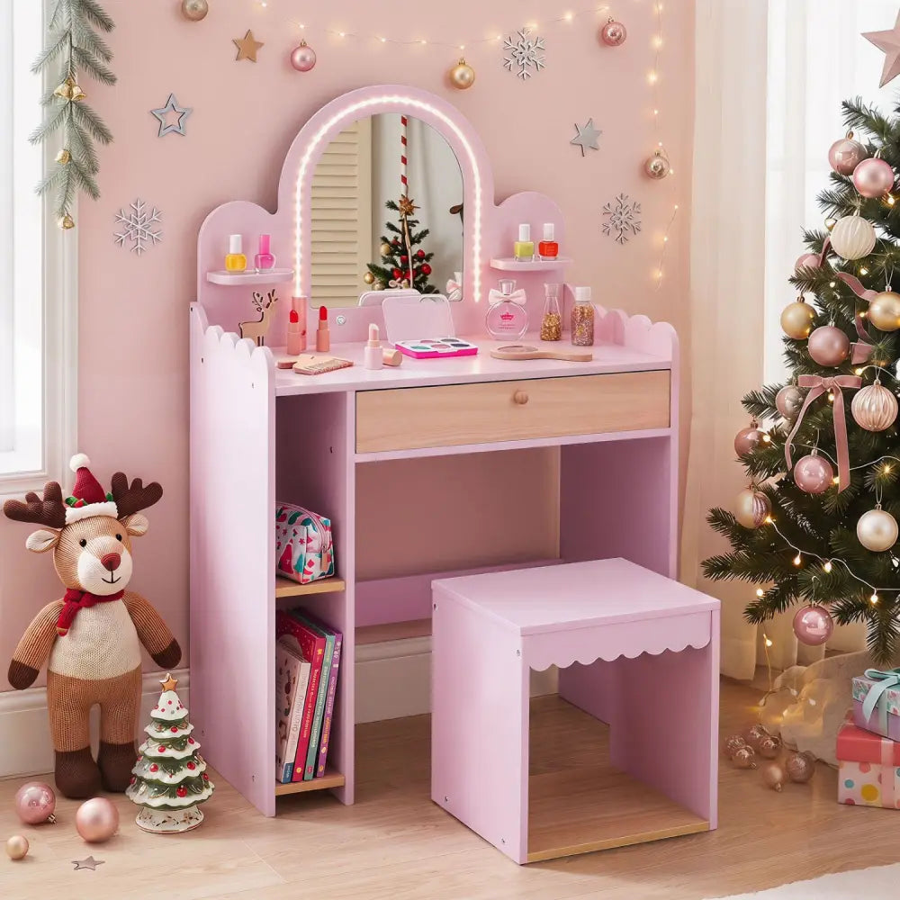 Pretend Makeup Dressing Table Set with 2 Small Shelves and Compartments-Pink - Pink - Kids Vanities