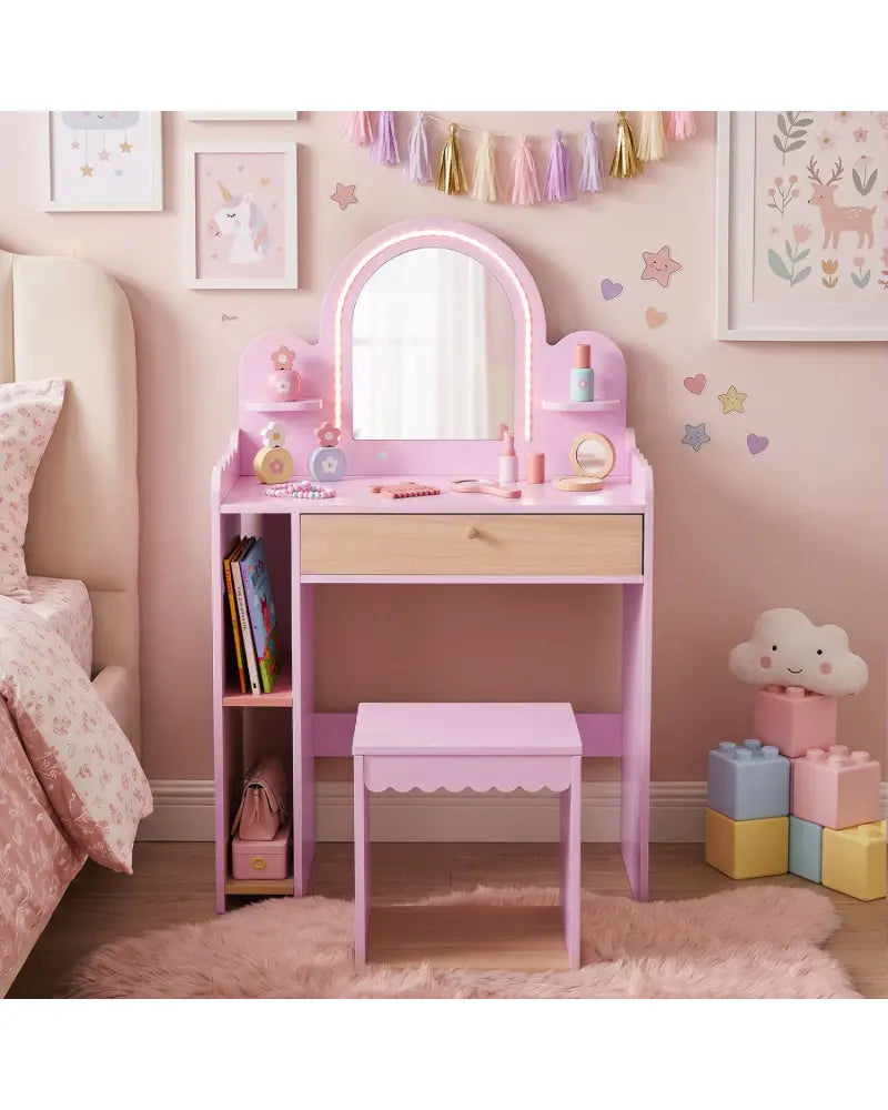 Pretend Makeup Dressing Table Set with 2 Small Shelves and Compartments-Pink - Pink - Kids Vanities