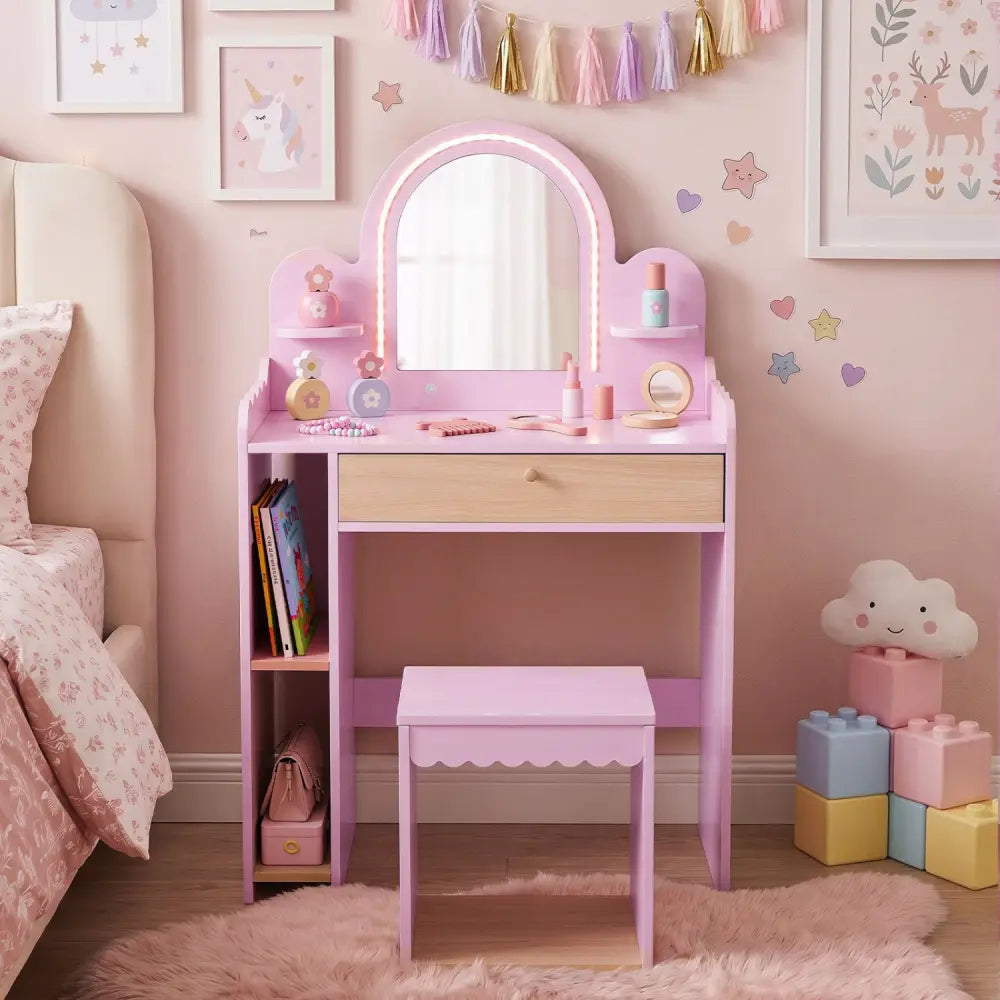 Pretend Makeup Dressing Table Set with 2 Small Shelves and Compartments-Pink - Pink - Kids Vanities