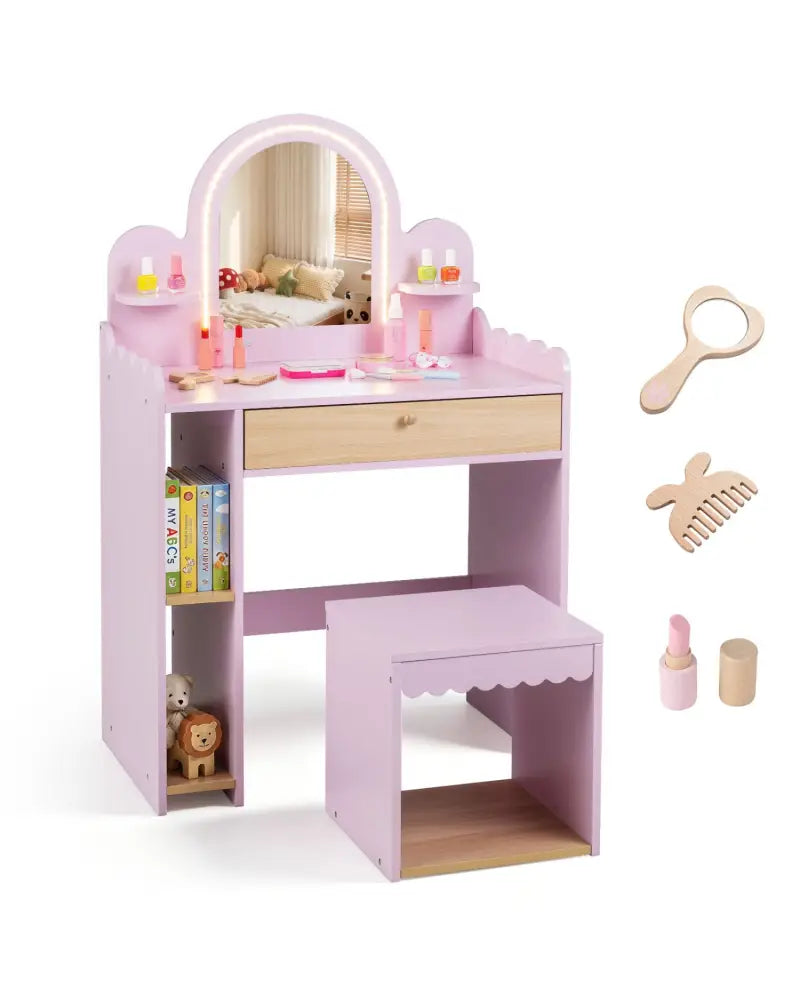 Pretend Makeup Dressing Table Set with 2 Small Shelves and Compartments-Pink - Pink - Kids Vanities