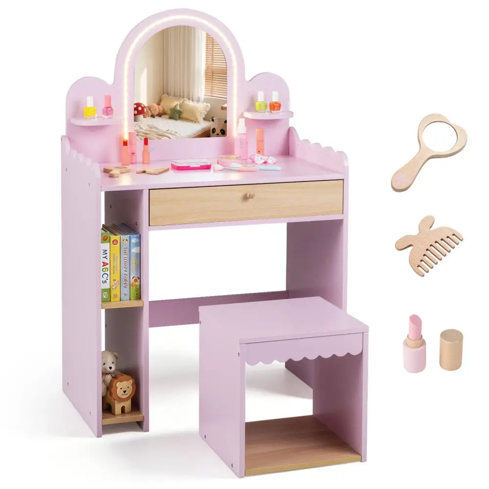 Pretend Makeup Dressing Table Set with 2 Small Shelves and Compartments-Pink - Pink - Kids Vanities