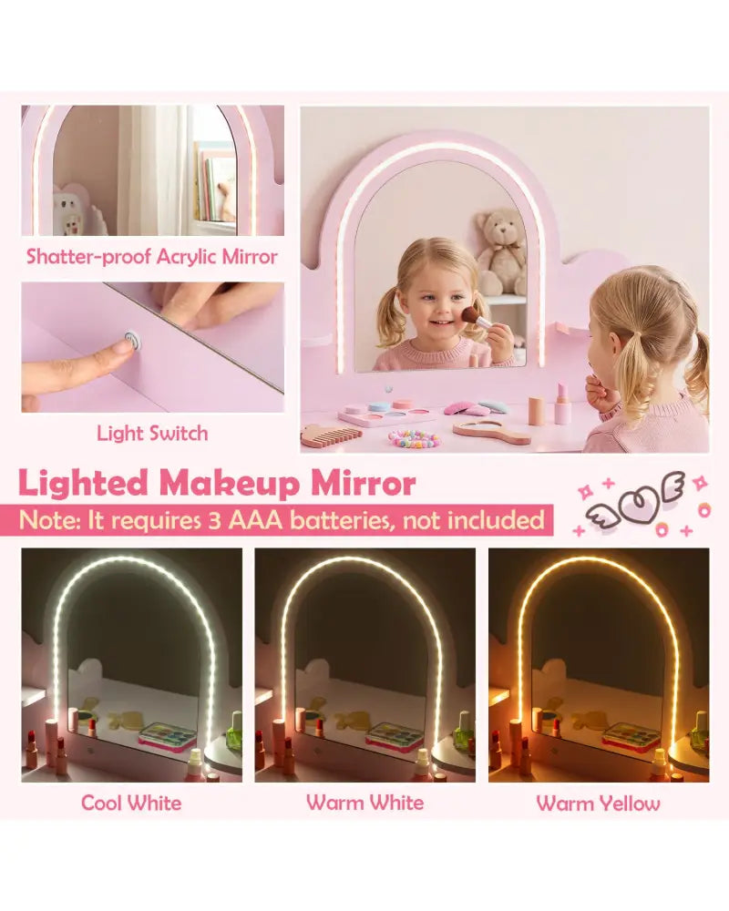 Pretend Makeup Dressing Table Set with 2 Small Shelves and Compartments-Pink - Pink - Kids Vanities