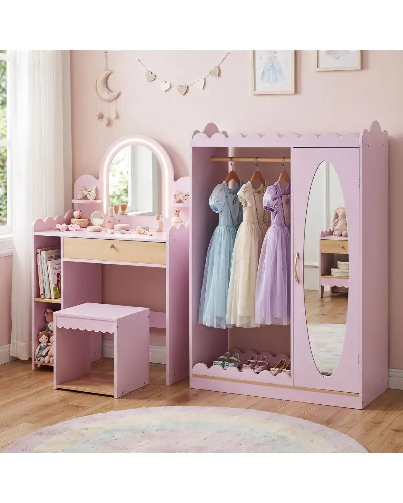 Pretend Makeup Dressing Table Set with 2 Small Shelves and Compartments-Pink - Pink - Kids Vanities