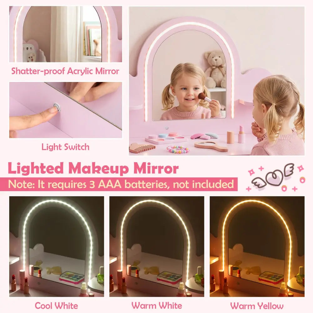Pretend Makeup Dressing Table Set with 2 Small Shelves and Compartments-Pink - Pink - Kids Vanities