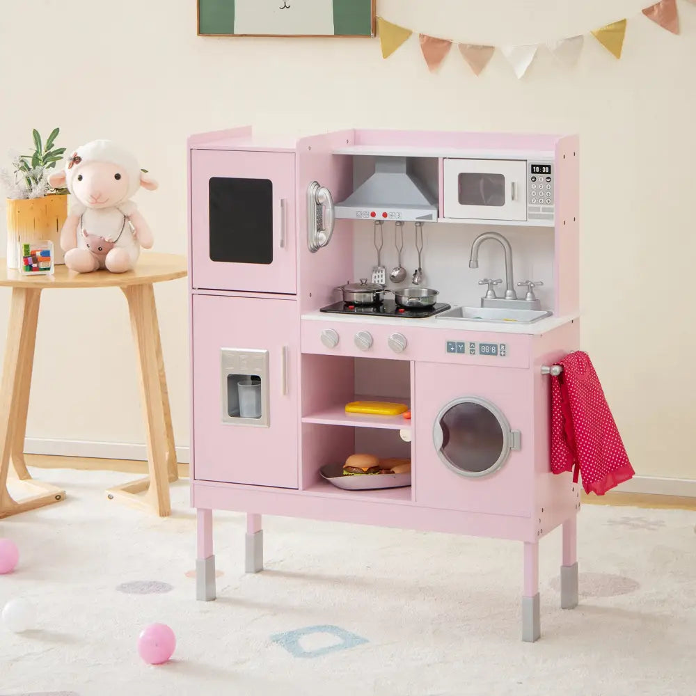 Pretend Play Kitchen for Kids with 16 Pieces Accessories-Pink - Pink - Play Kitchen Sets