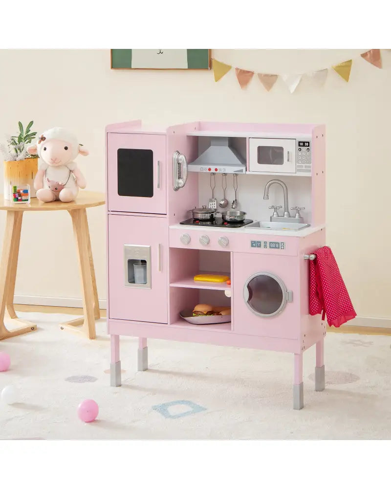 Pretend Play Kitchen for Kids with 16 Pieces Accessories-Pink - Pink - Play Kitchen Sets