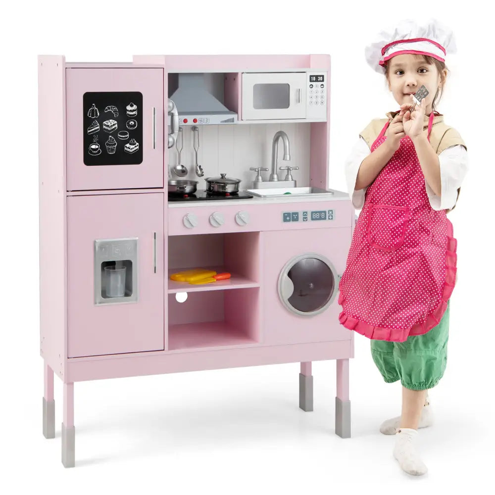 Pretend Play Kitchen for Kids with 16 Pieces Accessories-Pink - Pink - Play Kitchen Sets