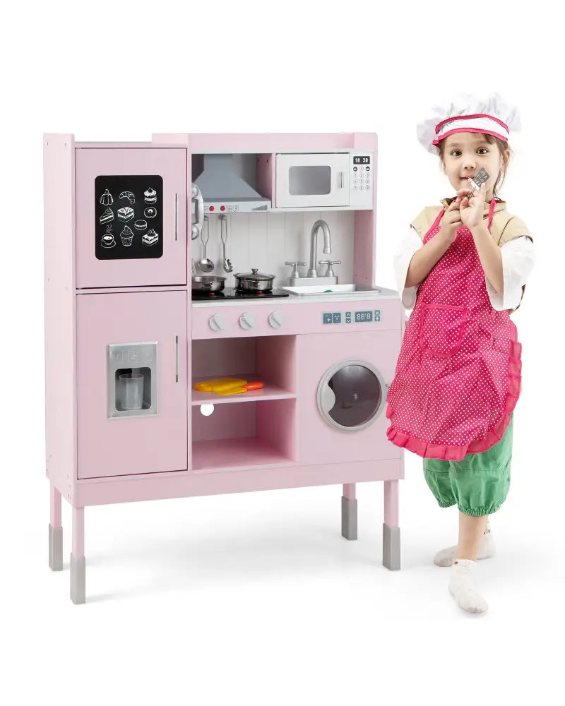 Pretend Play Kitchen for Kids with 16 Pieces Accessories-Pink - Pink - Play Kitchen Sets