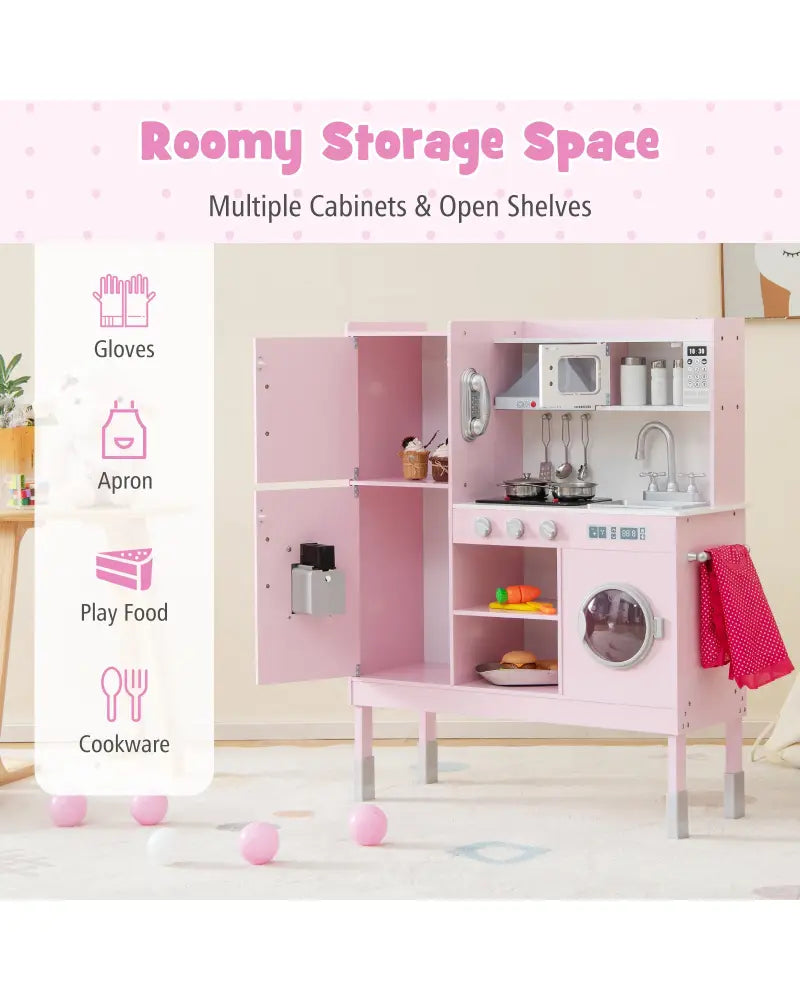 Pretend Play Kitchen for Kids with 16 Pieces Accessories-Pink - Pink - Play Kitchen Sets
