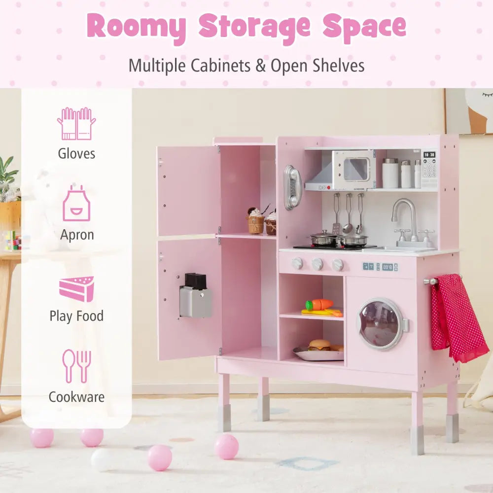 Pretend Play Kitchen for Kids with 16 Pieces Accessories-Pink - Pink - Play Kitchen Sets