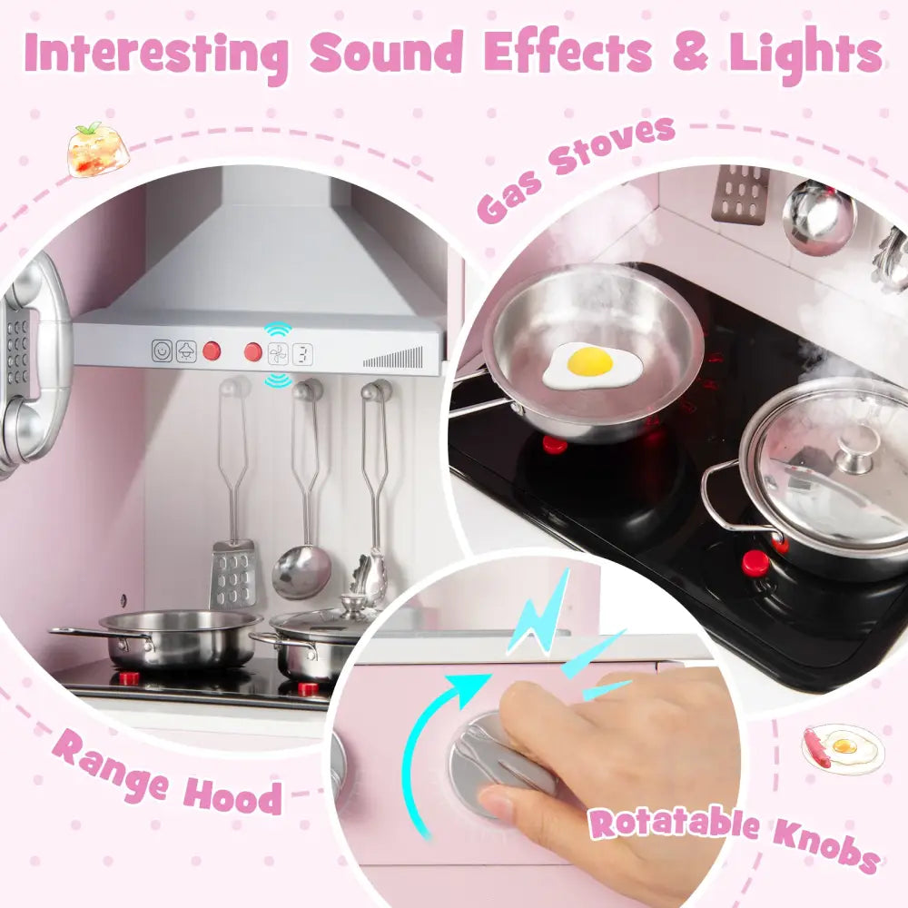 Pretend Play Kitchen for Kids with 16 Pieces Accessories-Pink - Pink - Play Kitchen Sets