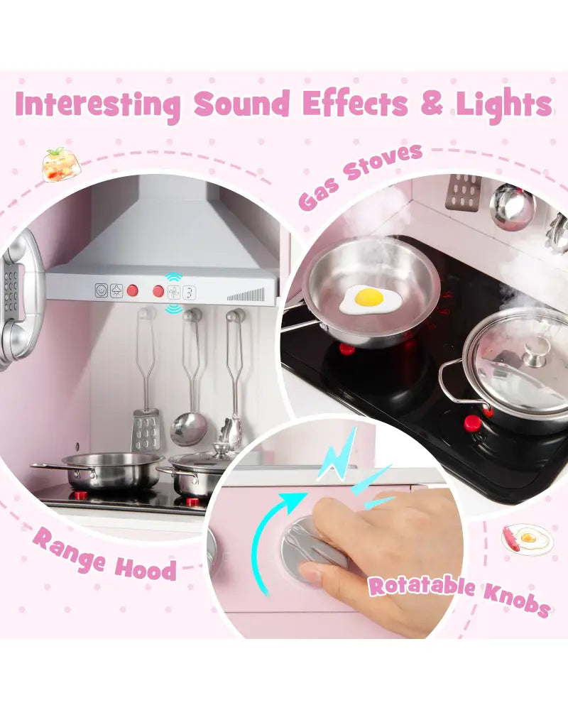 Pretend Play Kitchen for Kids with 16 Pieces Accessories-Pink - Pink - Play Kitchen Sets
