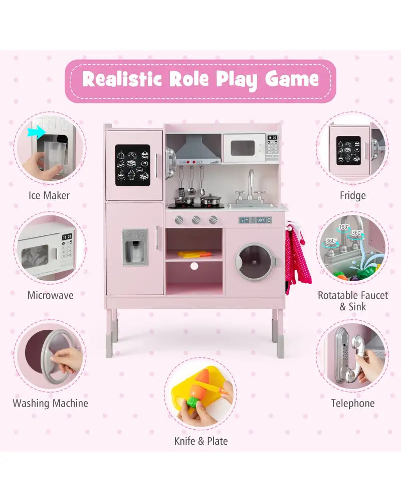 Pretend Play Kitchen for Kids with 16 Pieces Accessories-Pink - Pink - Play Kitchen Sets