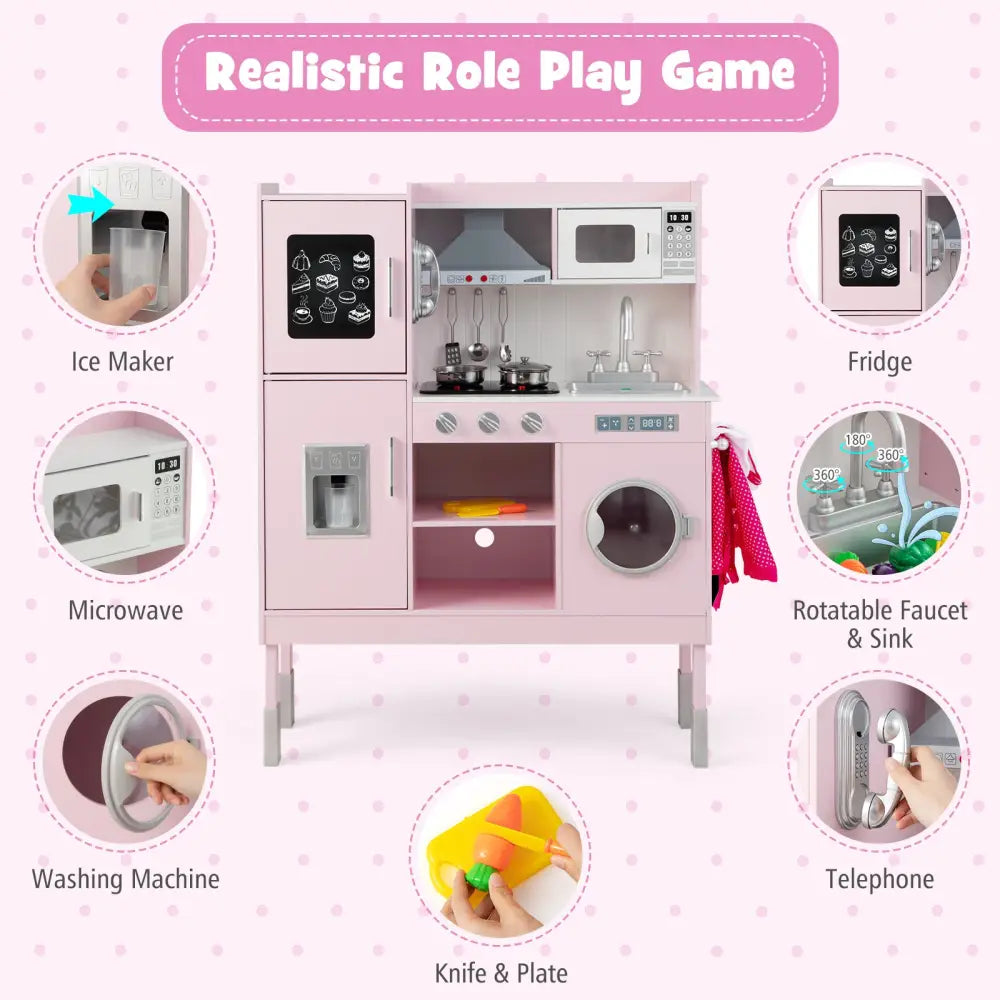 Pretend Play Kitchen for Kids with 16 Pieces Accessories-Pink - Pink - Play Kitchen Sets