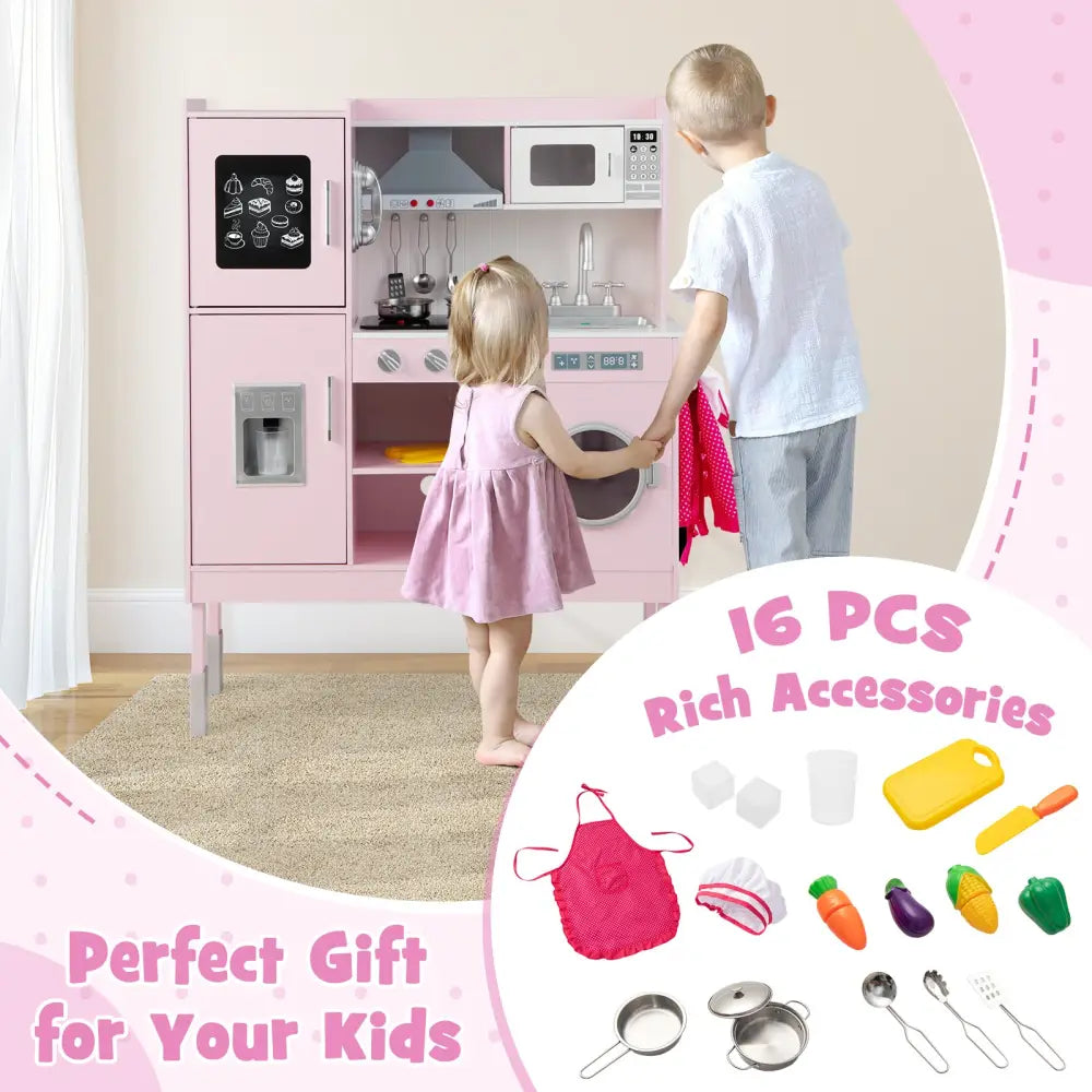 Pretend Play Kitchen for Kids with 16 Pieces Accessories-Pink - Pink - Play Kitchen Sets
