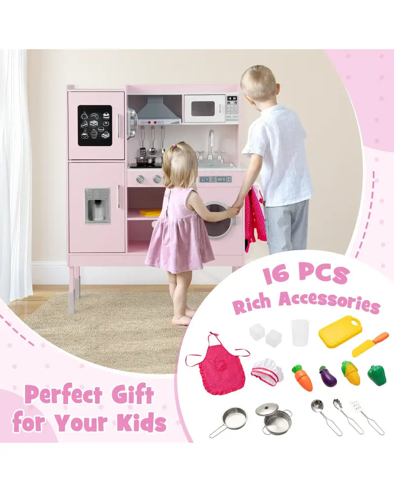 Pretend Play Kitchen for Kids with 16 Pieces Accessories-Pink - Pink - Play Kitchen Sets
