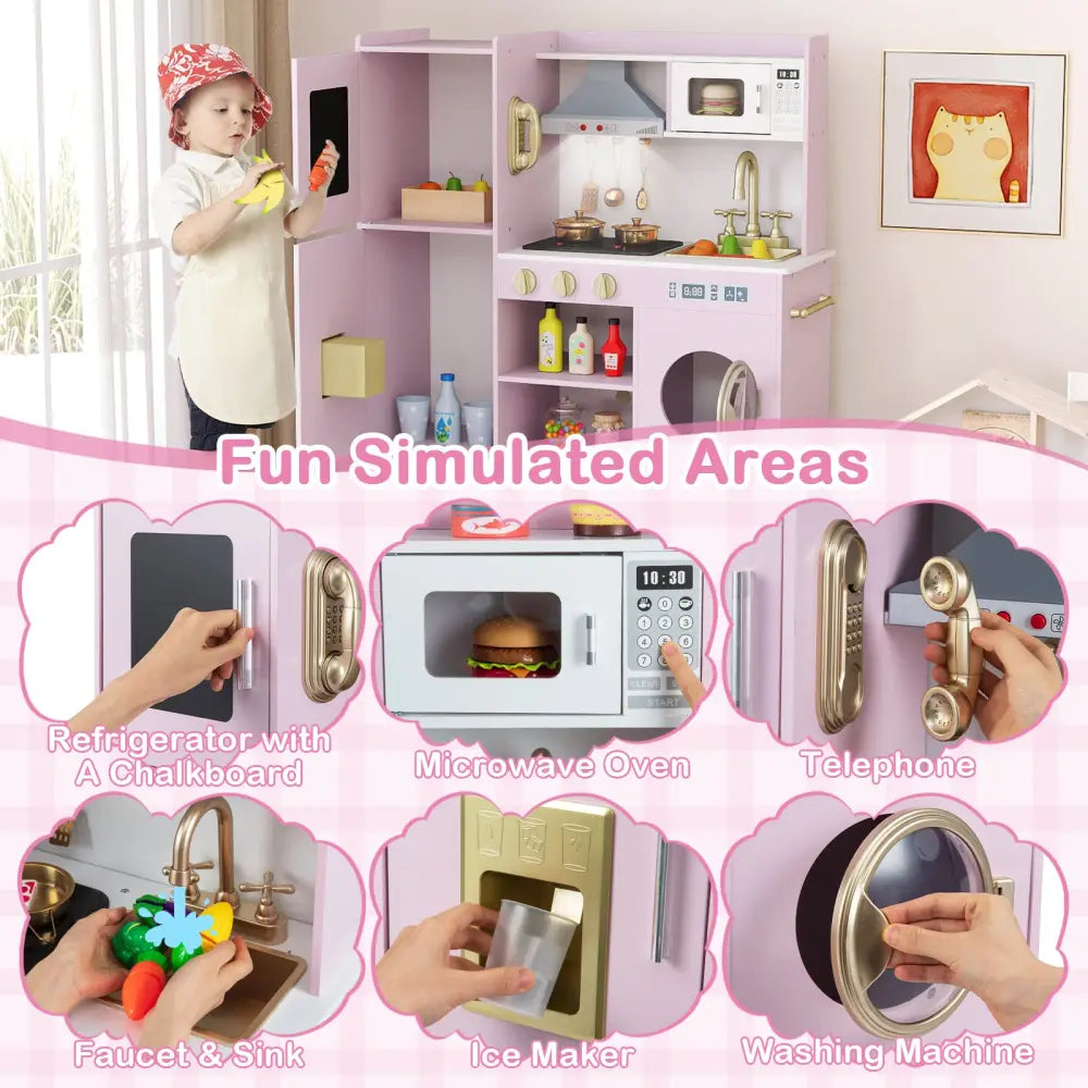 Pretend Play Kitchen Toy Kitchen Playset with Range Hood Ice Maker and Telephone-Light Pink - Light Pink - Play Kitchen