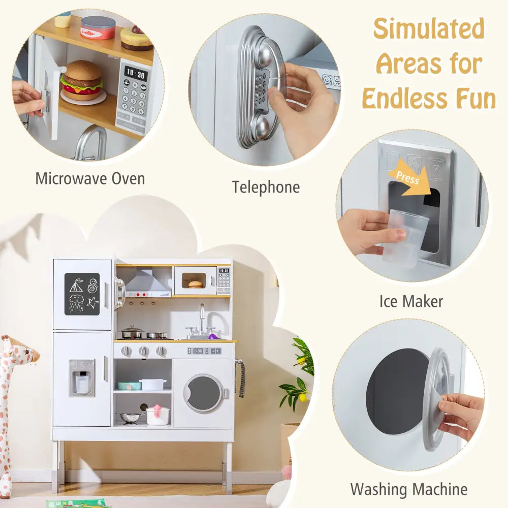 Pretend Play Kitchen Toy Kitchen Playset with Range Hood Ice Maker and Telephone-White - White - Play Kitchen Sets