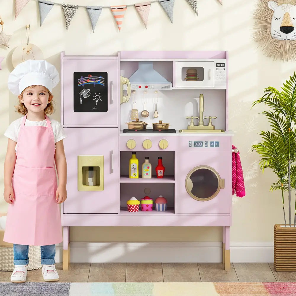 Pretend Play Kitchen Toy Kitchen Playset with Range Hood Ice Maker and Telephone-Light Pink - Light Pink - Play Kitchen