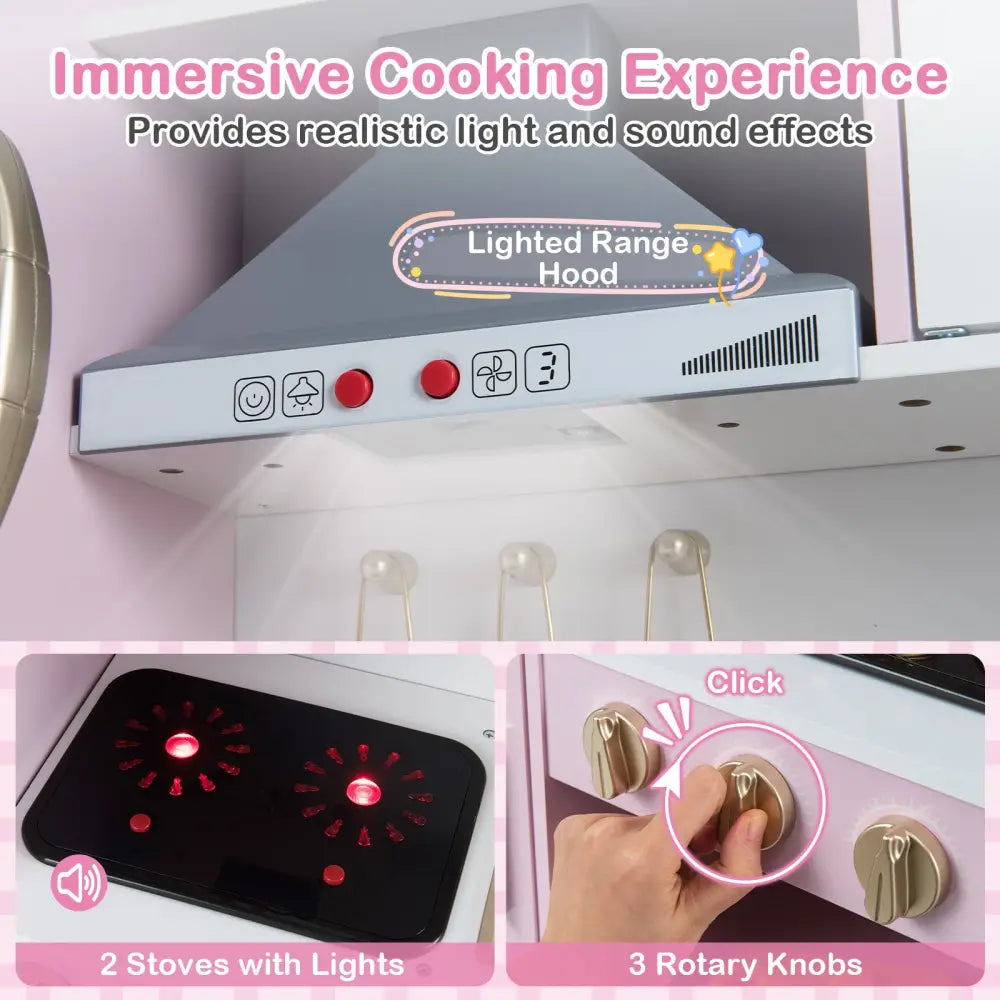 Pretend Play Kitchen Toy Kitchen Playset with Range Hood Ice Maker and Telephone-Light Pink - Light Pink - Play Kitchen