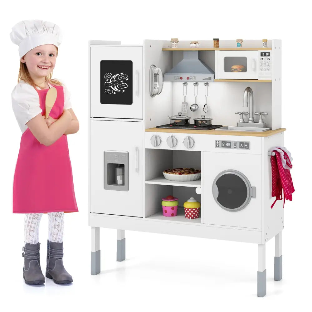 Pretend Play Kitchen Toy Kitchen Playset with Range Hood Ice Maker and Telephone-White - White - Play Kitchen Sets