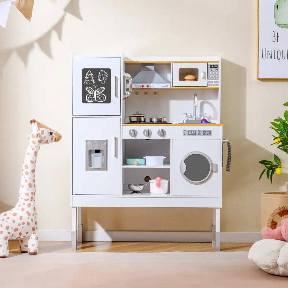 Pretend Play Kitchen Toy Kitchen Playset with Range Hood Ice Maker and Telephone-White - White - Play Kitchen Sets
