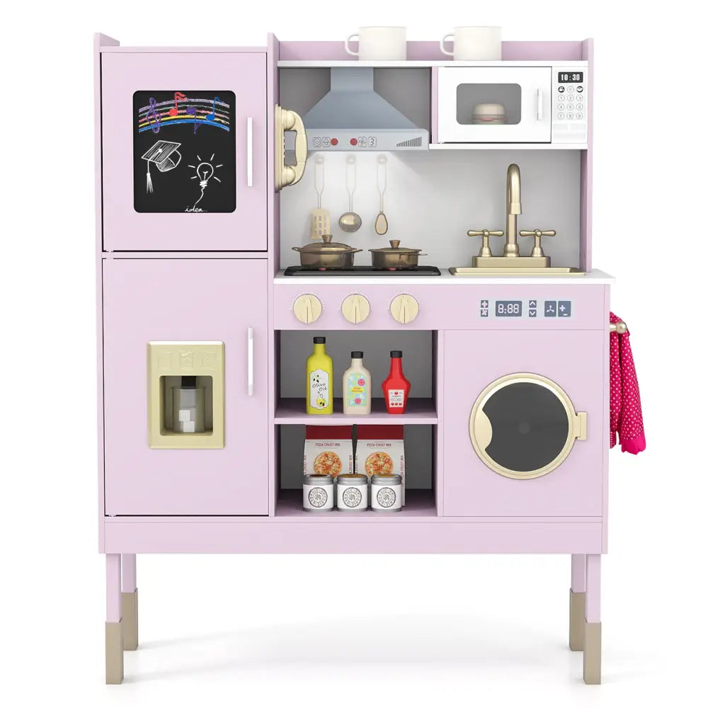Pretend Play Kitchen Toy Kitchen Playset with Range Hood Ice Maker and Telephone-Light Pink - Light Pink - Play Kitchen