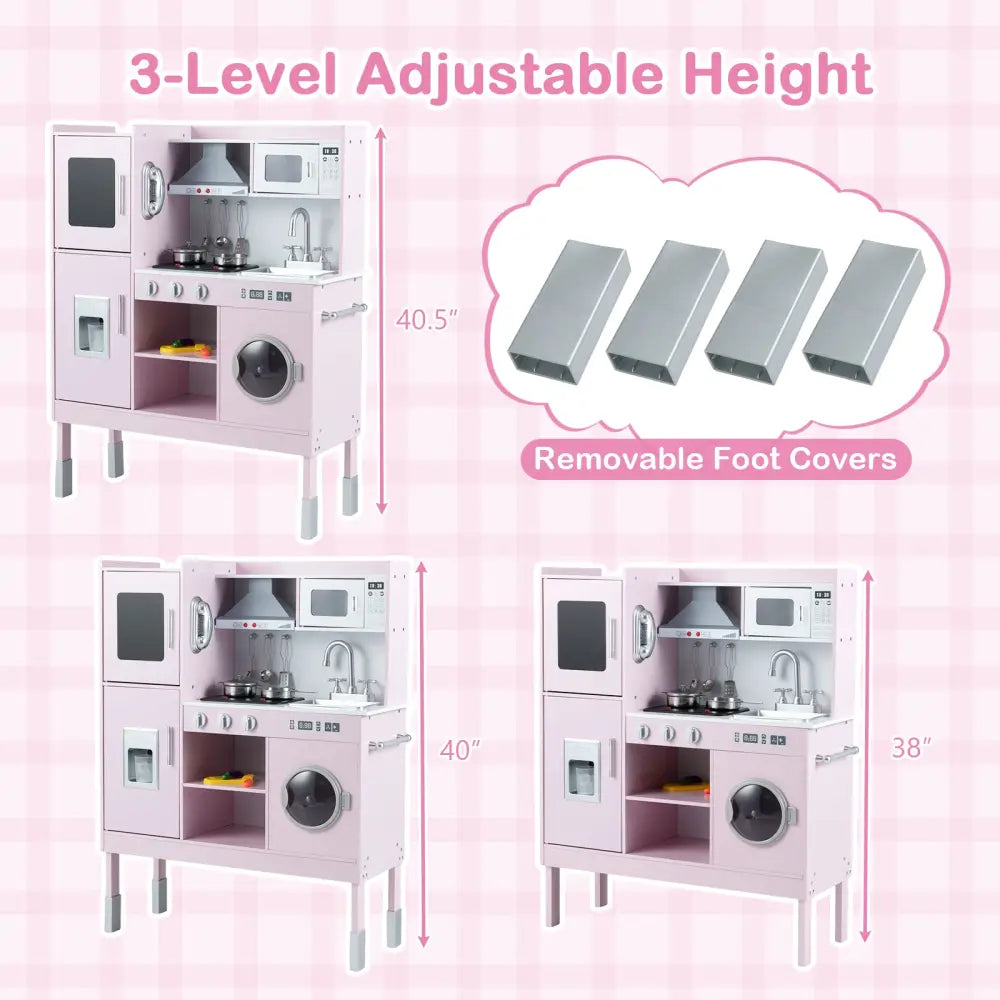 Pretend Play Kitchen Toy Kitchen Playset with Range Hood Ice Maker and Telephone-Pink - Pink - Play Kitchen Sets