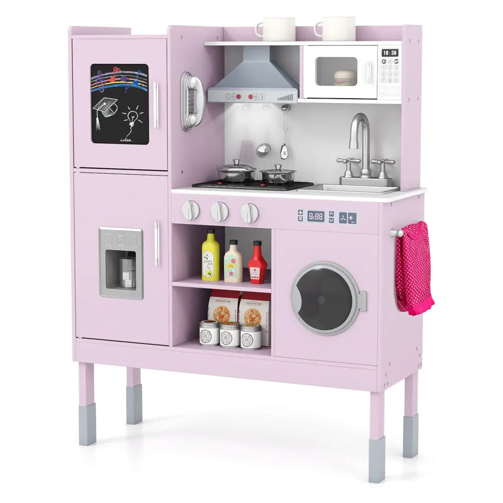 Pretend Play Kitchen Toy Kitchen Playset with Range Hood Ice Maker and Telephone-Pink - Pink - Play Kitchen Sets