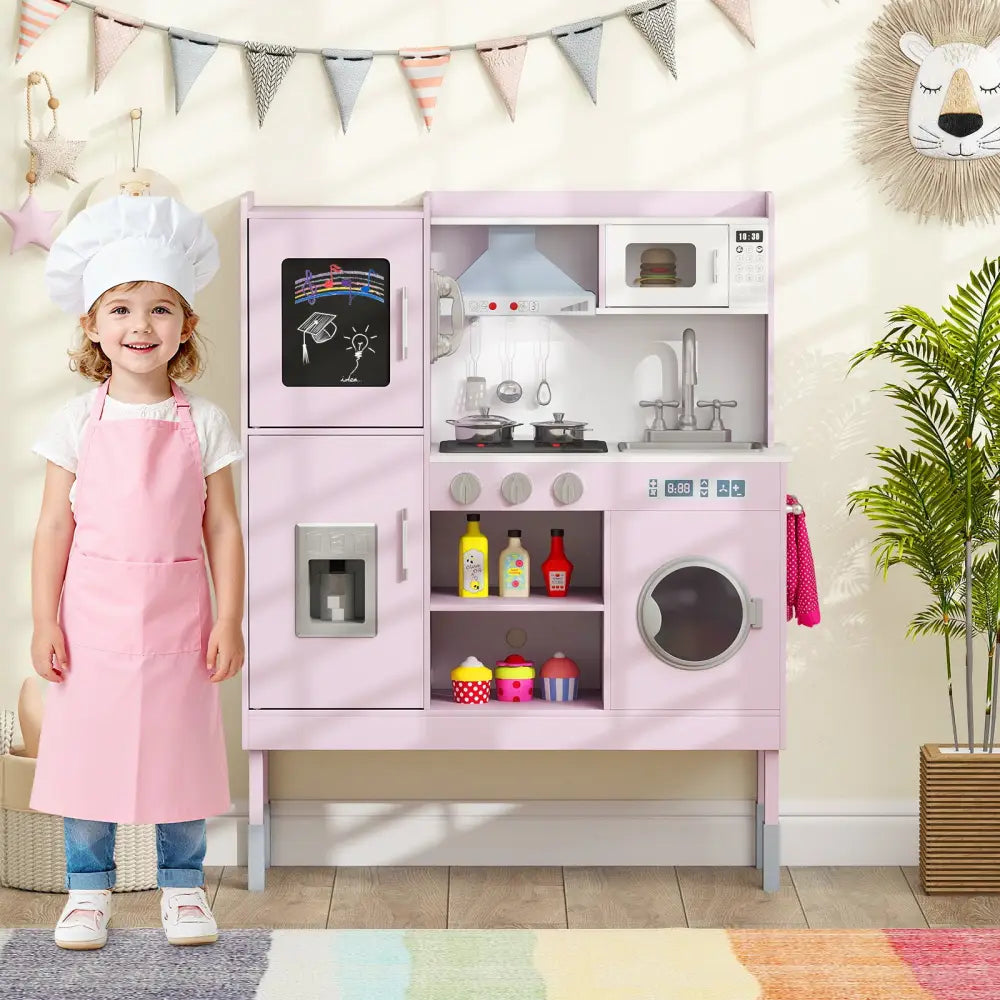 Pretend Play Kitchen Toy Kitchen Playset with Range Hood Ice Maker and Telephone-Pink - Pink - Play Kitchen Sets