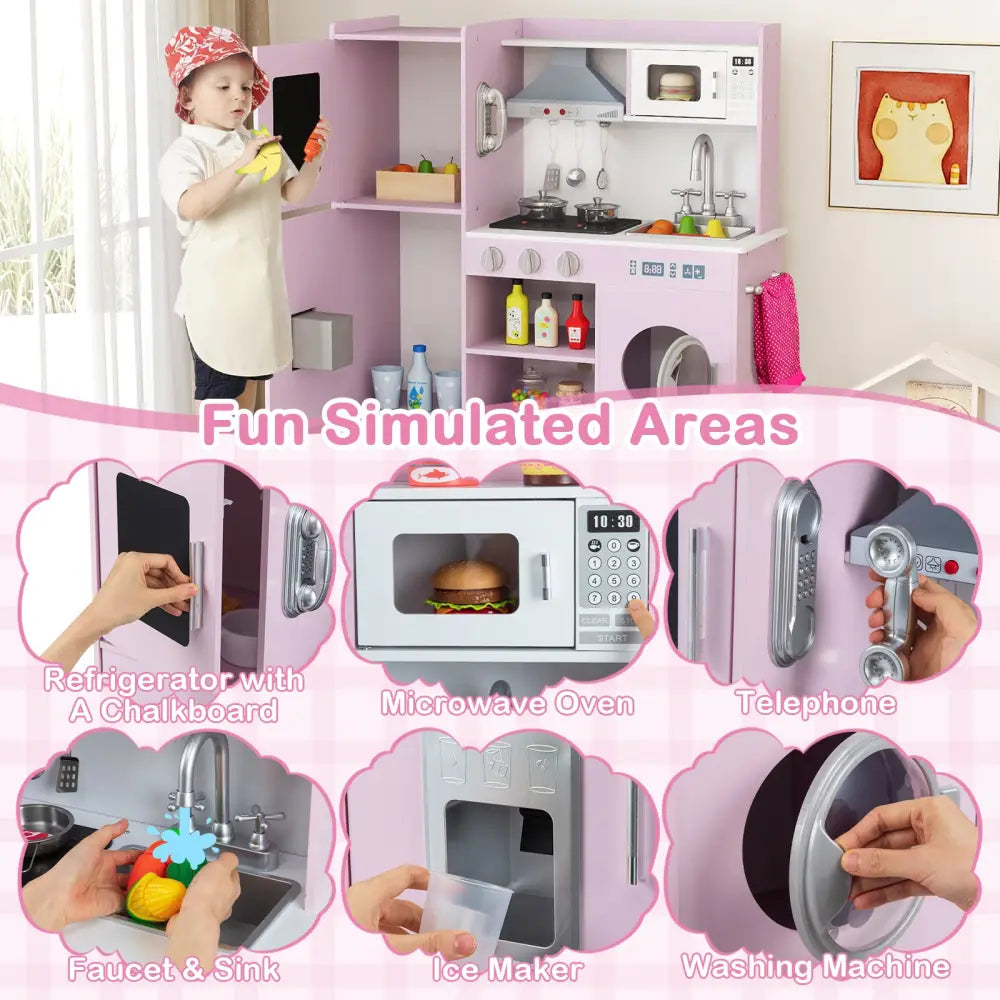 Pretend Play Kitchen Toy Kitchen Playset with Range Hood Ice Maker and Telephone-Pink - Pink - Play Kitchen Sets