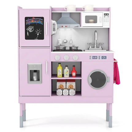 Pretend Play Kitchen Toy Kitchen Playset with Range Hood Ice Maker and Telephone - Pink - Oasis Home Essentials