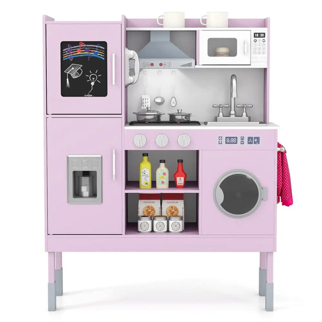 Pretend Play Kitchen Toy Kitchen Playset with Range Hood Ice Maker and Telephone - Pink - Oasis Home Essentials