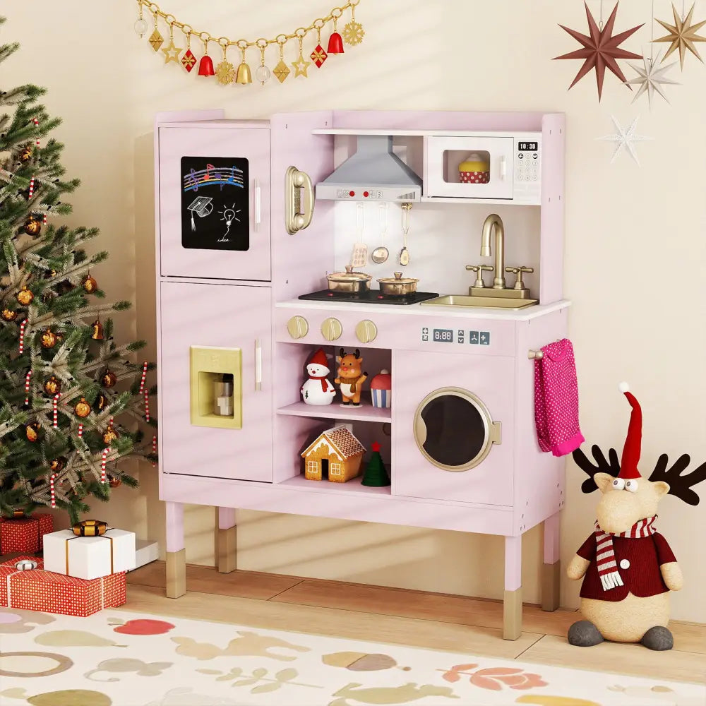 Pretend Play Kitchen Toy Kitchen Playset with Range Hood Ice Maker and Telephone-Light Pink - Light Pink - Play Kitchen