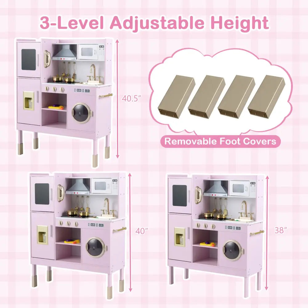 Pretend Play Kitchen Toy Kitchen Playset with Range Hood Ice Maker and Telephone-Light Pink - Light Pink - Play Kitchen
