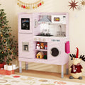 Pretend Play Kitchen Toy Kitchen Playset with Range Hood Ice Maker and Telephone-Pink - Pink - Play Kitchen Sets